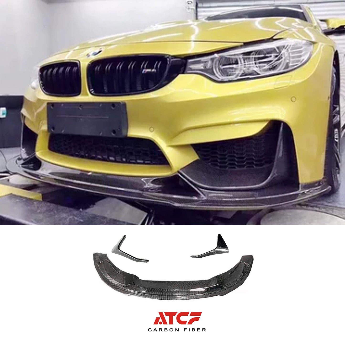 Spoiler anteriore Revozport in fibra di carbonio per BMW F80 F82 F83 con alette